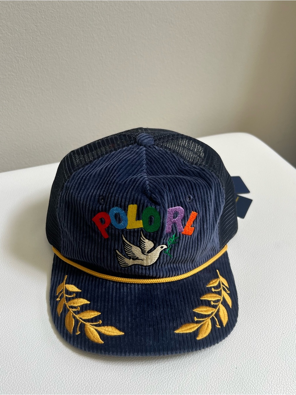 Ralph Lauren Black Mesh Trucker Hat with Multicolor 'PEACE' Embroidery O/S